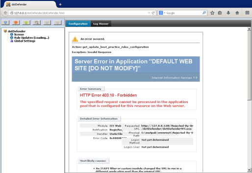 dotDefender error occured Invalid Response
